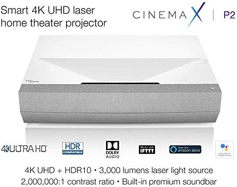 Лазерен проектор Optoma CinemaX P2 Smart 4K UHD за домашно кино 3000 Лумена с подобрен изображение с помощта на лазер и 6-Сегментного